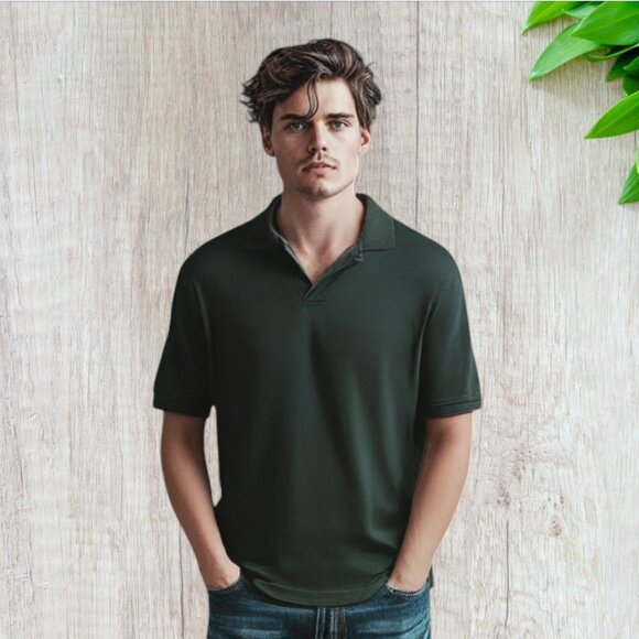 FADED GLORY -- Polo Shirt, Solid Olive Green, Button Down, Large Man - Picture 1 of 9